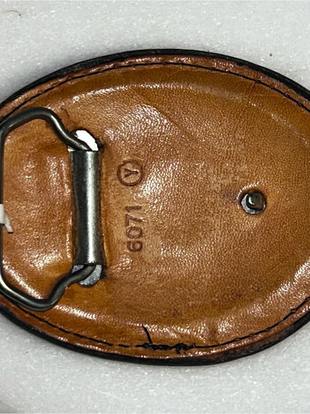 Vintage ~Hand-Tooled Brown Floral Leather Backstitching Belt Buckle W/Red Inlay